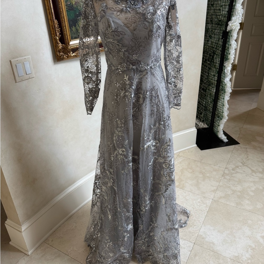 Mac Duggal Silver Lace Long Sleeve Dress